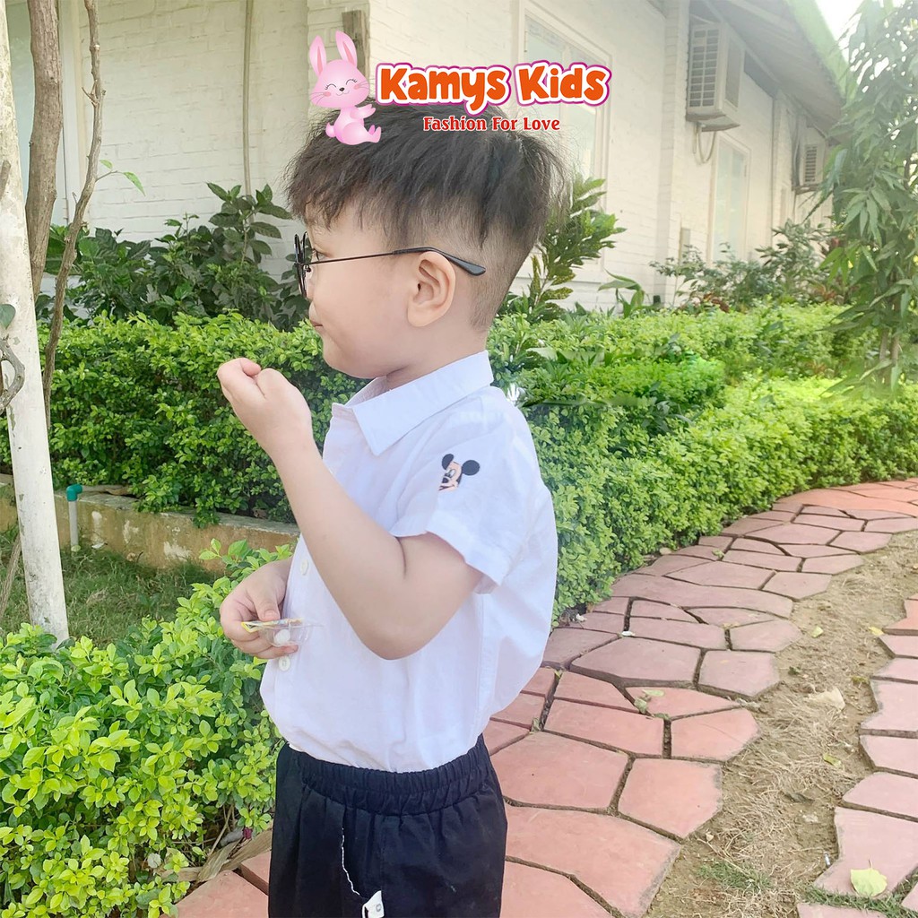 Áo sơ mi bé trai KAMYS KIDS tay thêu sticker cho bé từ 9-23kg