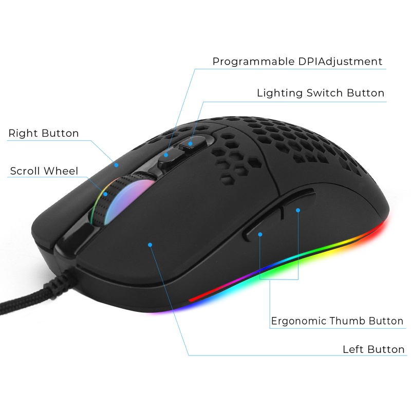 Chuột Chơi Game Đèn Led 5 RGB 7 Nút 7200DPI Họa Tiết Tổ Ong Cho PC Laptop