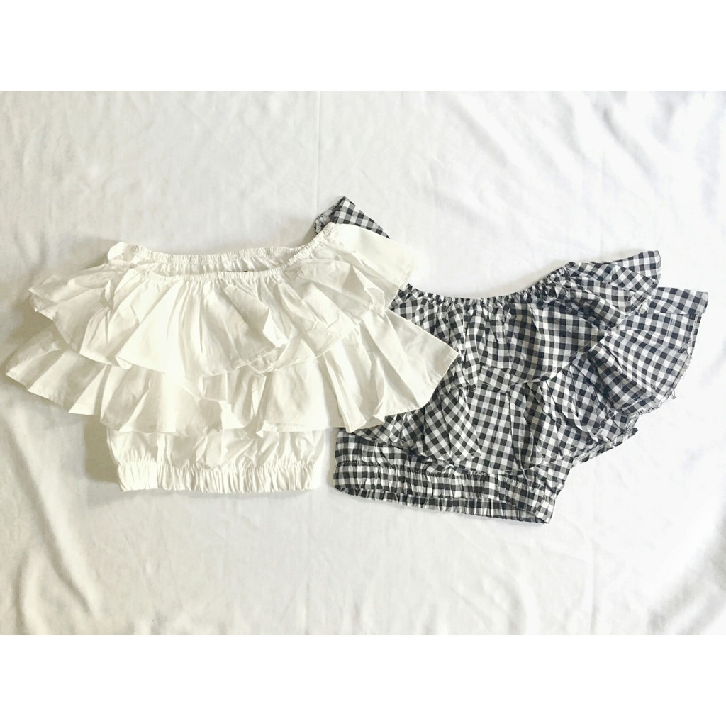 Áo croptop bẹt vai 2 tầng trễ vai trắng caro ( hình thật mẫu shop chụp) | BigBuy360 - bigbuy360.vn