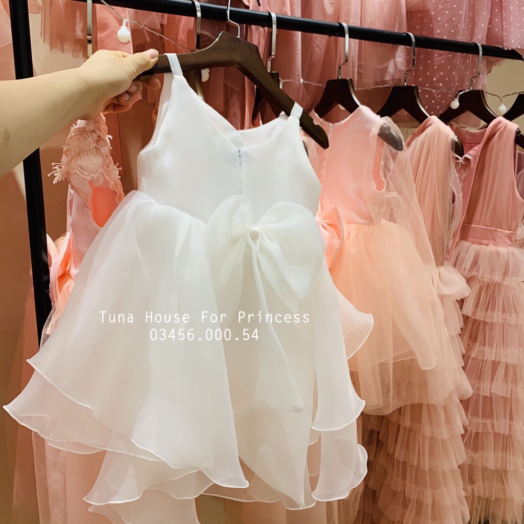 Váy đầm xoè công chúa mặc thôi nôi đầy tháng cho bé gái 2 dây chéo ngực trắng - Tuna House For Princess
