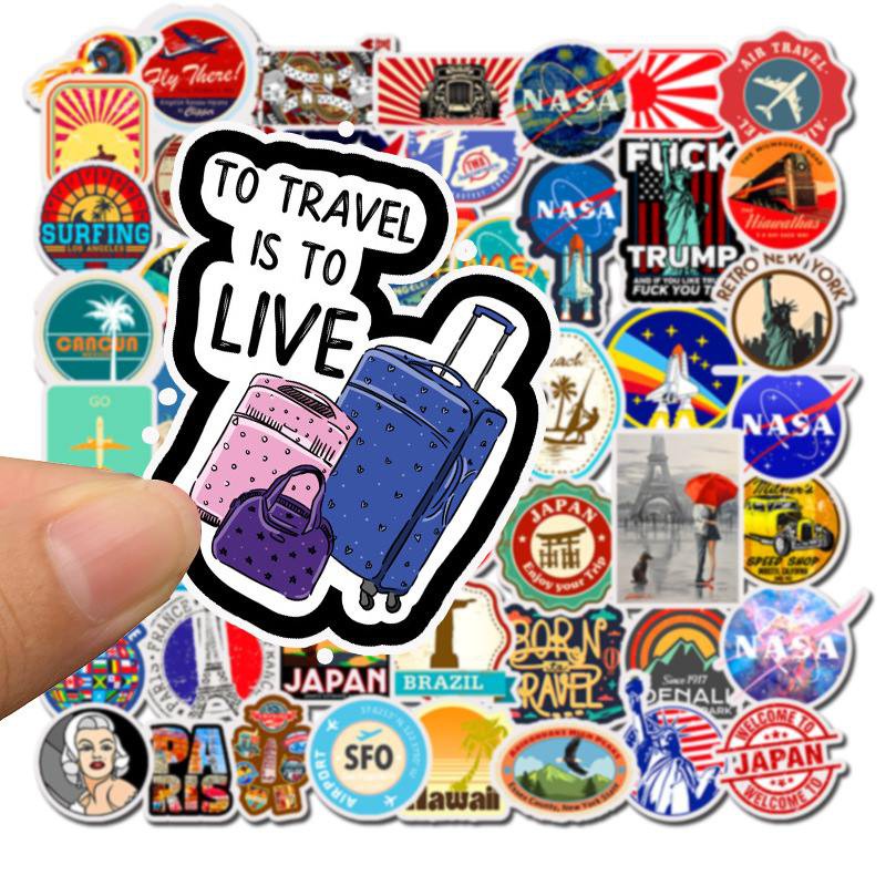 Bộ 50 Sticker dán Macbook, Vali, Mũ bảo hiểm, Điện thoại, Laptop chủ đề du lịch thế giới Travel Word