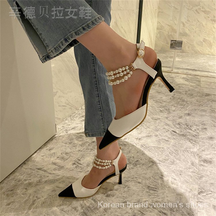 Giày cao gót mũi nhọn quai mảnh đính ngọc trai nhân tạo thời trang mùa thu mới 2021 dành cho nữ