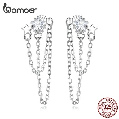 BAMOER Bông Tai Bạc 925 Hình Ngôi Sao Viền Tua Rua Thời Trang Cho Nữ