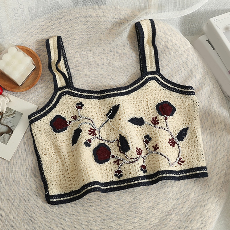 Áo Croptop Dệt Kim Sát Nách Thêu Họa Tiết Hoa Lá Phối Hạt Cườm Thời Trang Cổ Điển Cho Nữ