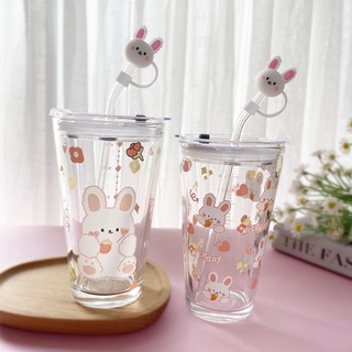 Cốc thủy tinh cute có nắp và ống hút thuỷ tinh an toàn tiện lợi