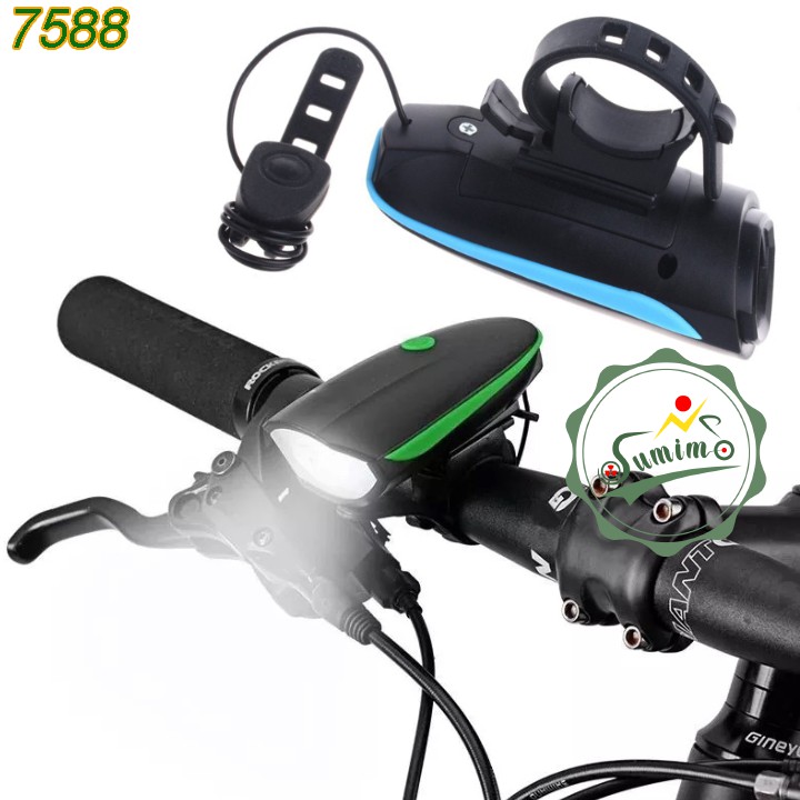 Đèn xe đạp - Đèn pha  7588 tích hợp còi sạc bằng USB - Chính hãng