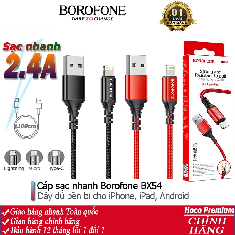 Cáp sạc nhanh Borofone BX54 dây dù 2.4A cho iPhone, Android, iPad, dây truyền tải dữ liệu dài 1m - Chính hãng