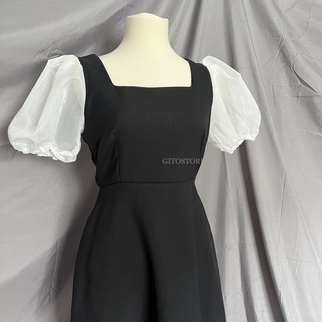 ĐẦM CỔ VUÔNG TAY PHỒNG ĐEN TRẮNG TAY VOAN - GD241