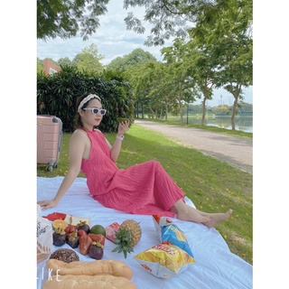 Đầm maxi cổ yếm xoè dáng dài chất vải xốp nhún