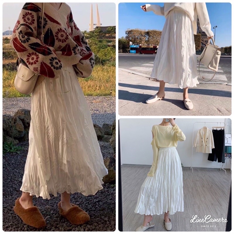 Chân váy dài nhăn dài 82cm loại 1 Quảng Châu chân váy midi xếp ly vintage