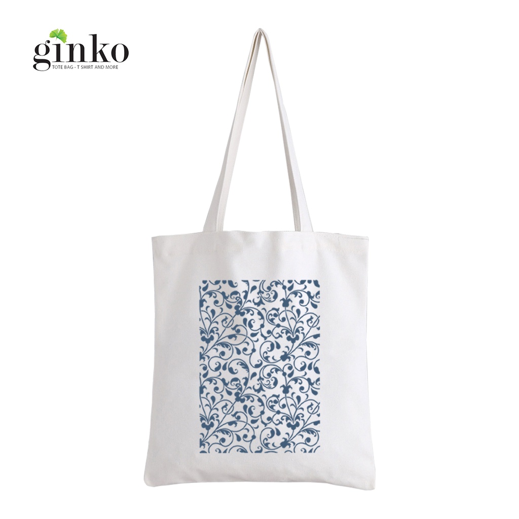 Túi Vải Tote GINKO Kiểu Basic dây kéo In Hình Blue Floral