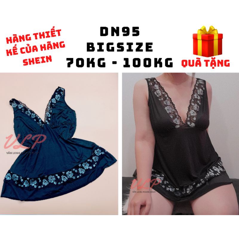 [BIGSIZE_100KG]_DN95_Váy / đầm ngủ cổ V viền ren hoa, thun lạnh phối ren Bigsize - SHEIN