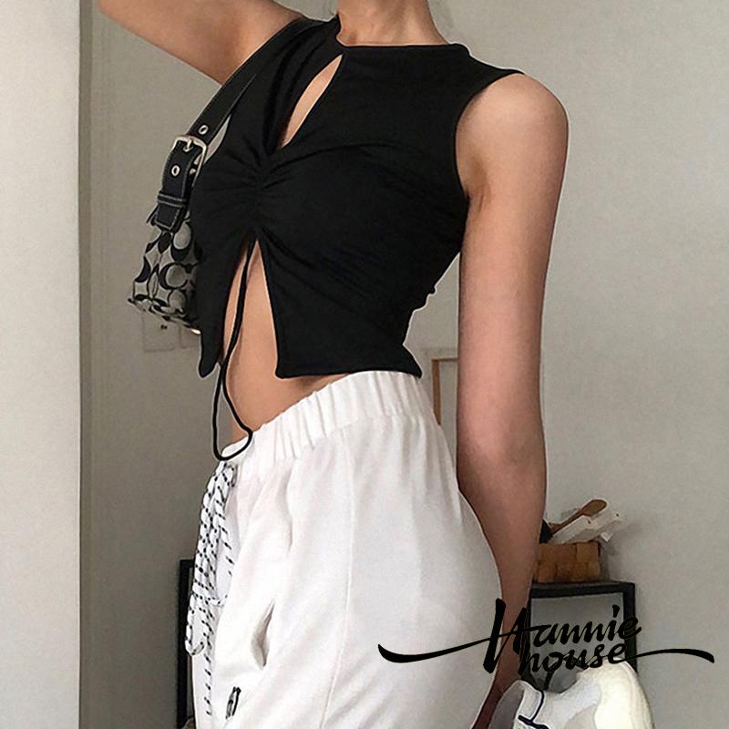 Áo tank top màu trơn khoét lỗ có dây rút thời trang mùa hè cho nữ
