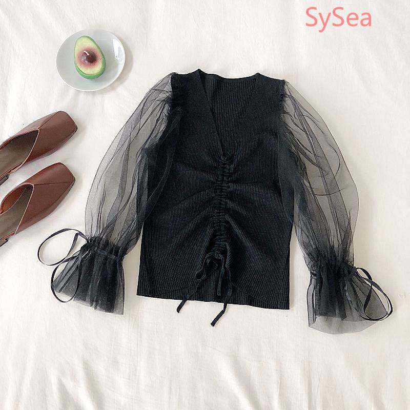 Áo Dệt Kim Cổ Chữ V Phối Lưới Thời Trang Mùa Hè Cho Nữ