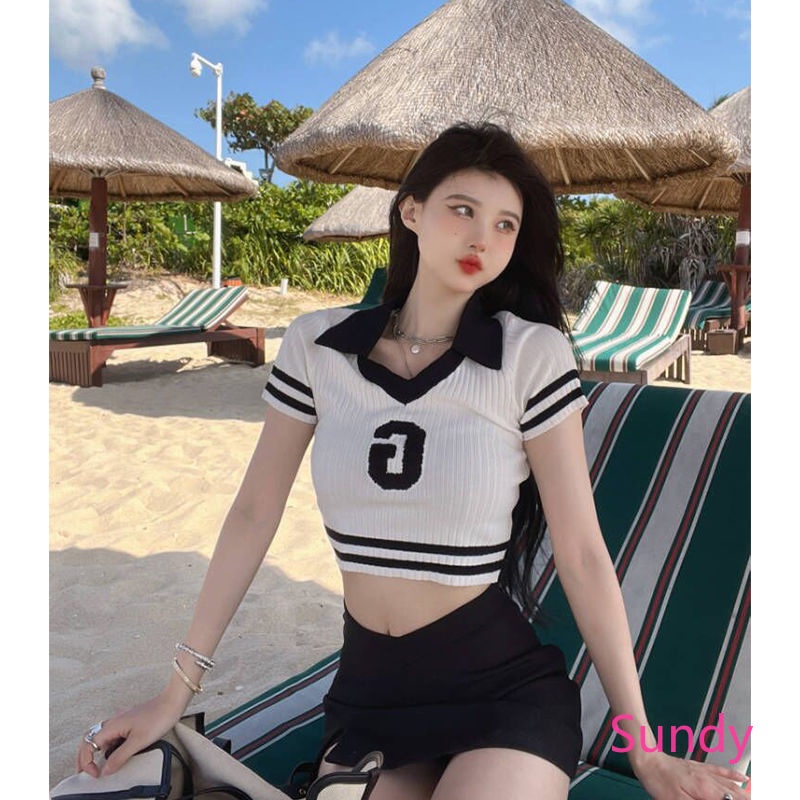 Áo Croptop Dệt Kim Cổ Polo Kẻ Sọc In Chữ Thời Trang Mùa Hè Cho Nữ