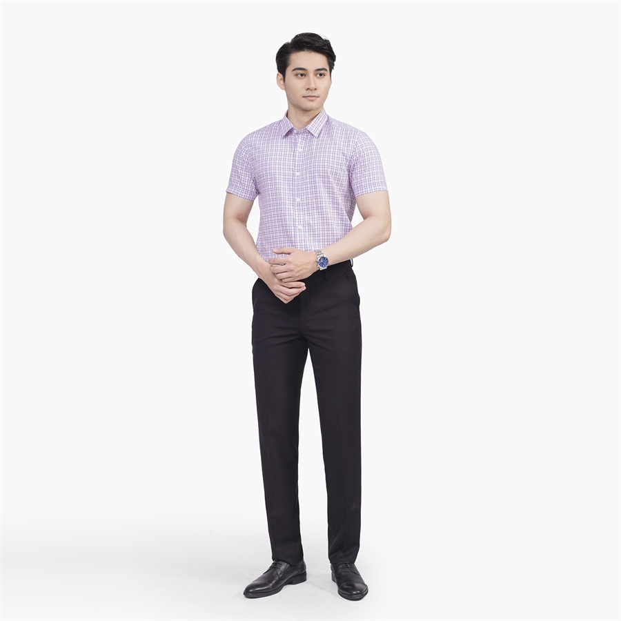 Áo sơ mi nam ngắn tay ARISTINO phom Slim fit, họa tiết kẻ caro hồng trẻ trung, năng động - ASS212S2
