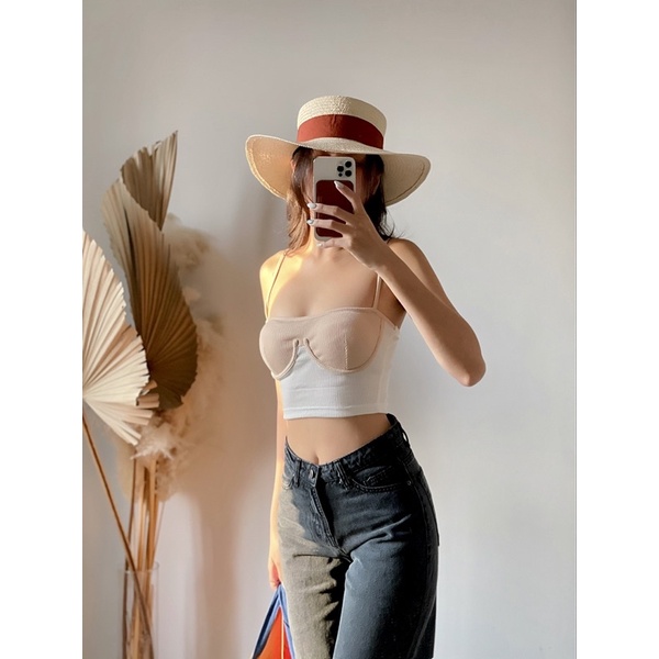 áo 2 dây croptop cúp ngực phối màu