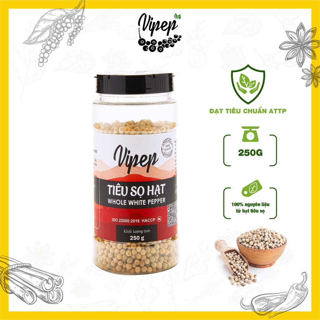 Hạt tiêu sọ trắng to Vipep 100% nguyên chất, vị thơm cay đặc trưng (50 - 100 - 250gr)