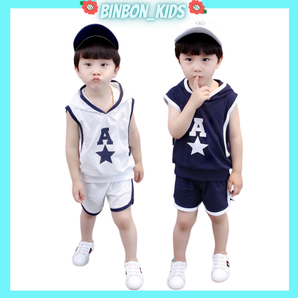 Bộ sát nách cho bé trai BINBON KIDS, Quần áo bé trai chất cotton in chữ A ngôi sao cho bé từ 6 đến 27kg
