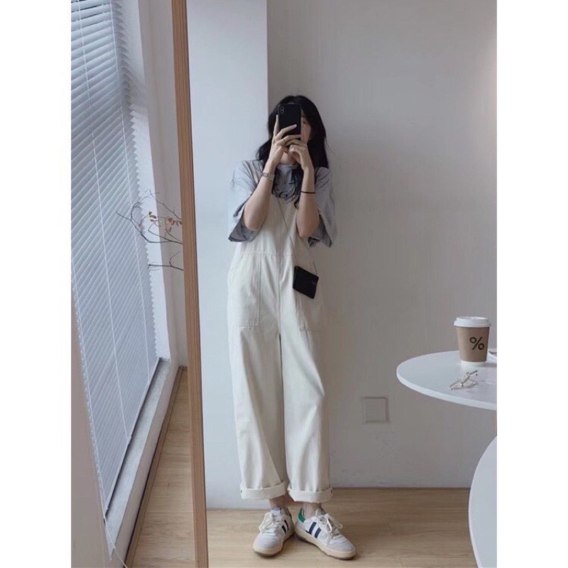 Yếm quần be sữa dáng suông dài phong cách Hàn Quốc Ulzzang