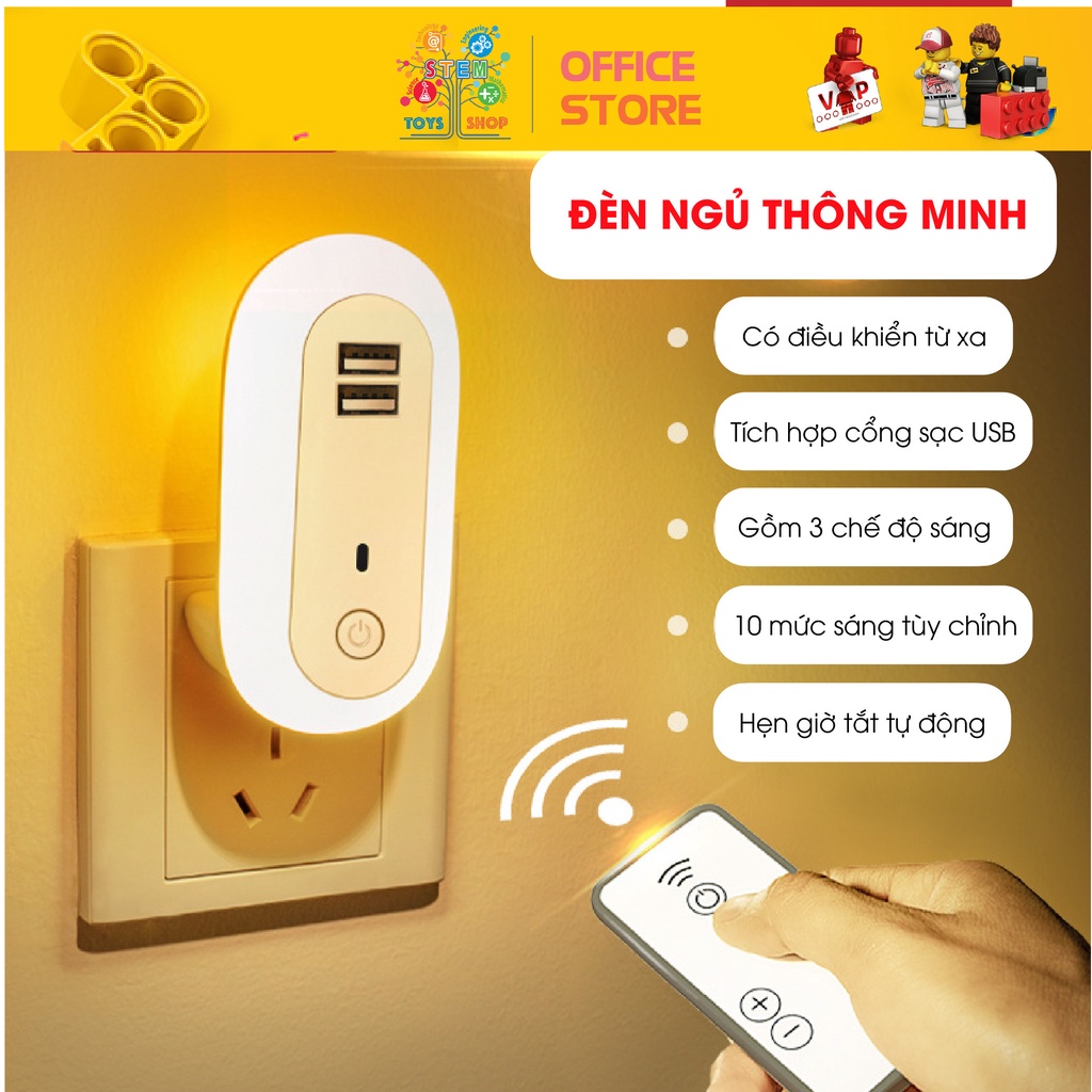 [ẢNH THẬT] Đèn Ngủ Thông Minh Có Cổng Sạc USB, 10 Cấp Độ Sáng, Điều Khiển Từ Xa Bằng Remote, Hẹn Giờ Tự Động