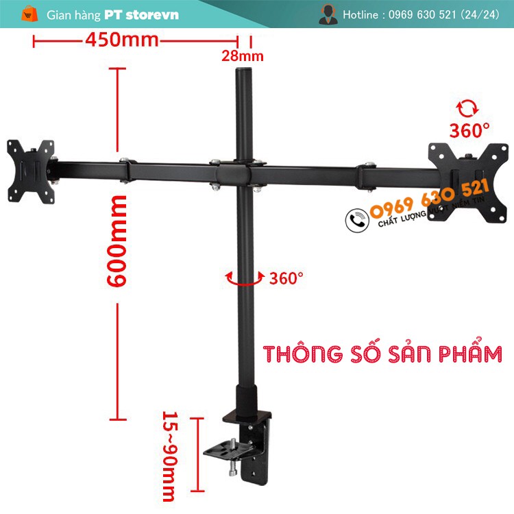Giá treo 2 màn hình 17-32 INCH - Giá treo màn hình kép - Trụ 60 Cm - Xoay 360 độ