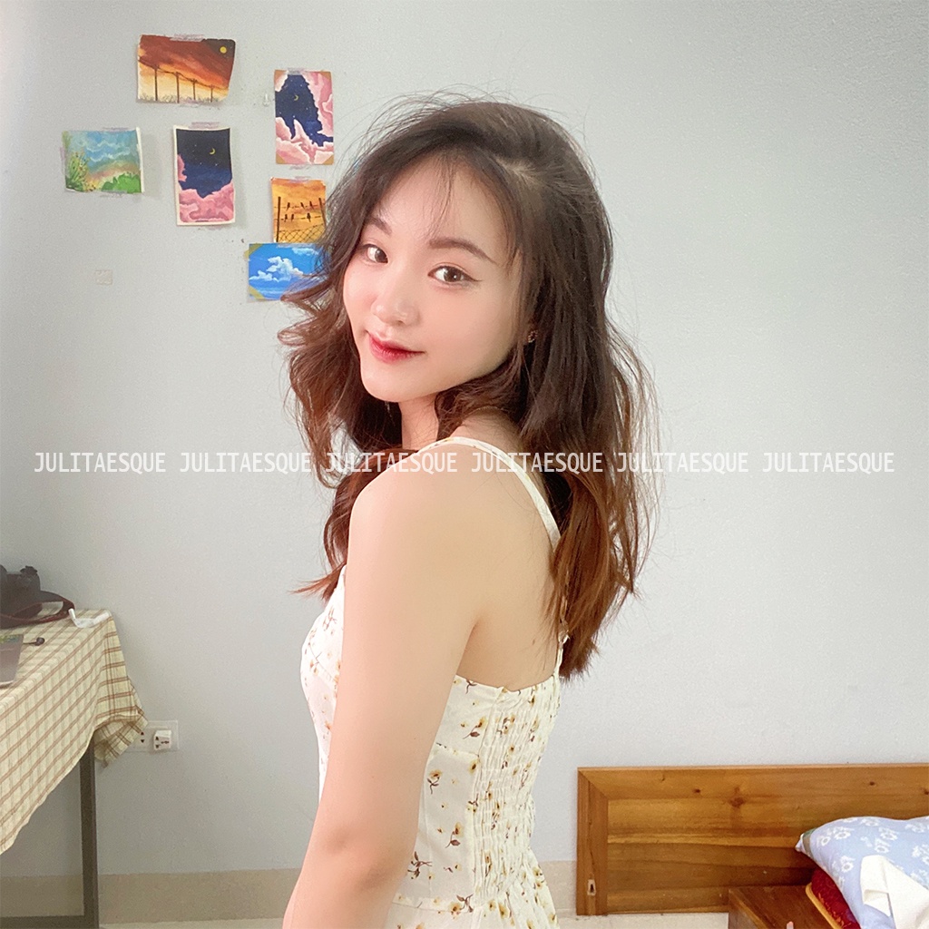 Váy hoa nhí 2 dây, đầm hoa nhí hai dây dáng dài maxi chất voan có bo chun đi biển, đi chơi - Liti Dress