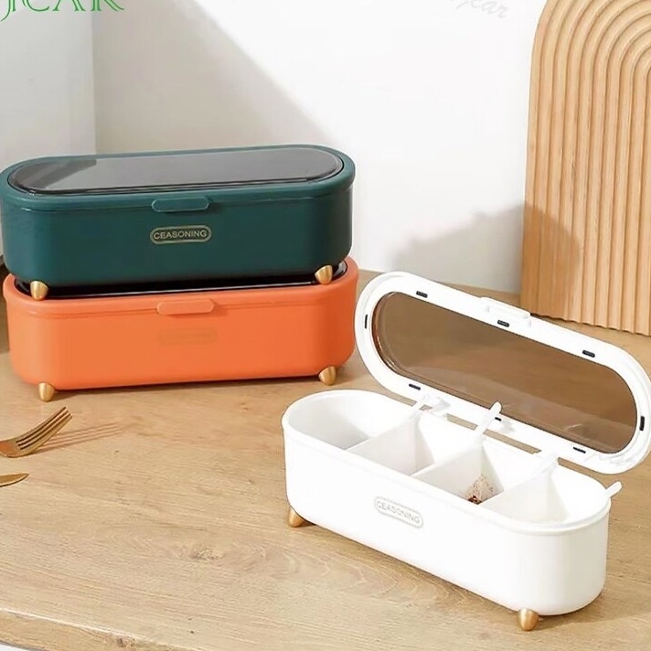 Hộp Đựng Gia Vị Chia 4 Ngăn Kèm Muỗng Cao Cấp Cho Nhà Bếp An Toàn Và Tiện Dụng