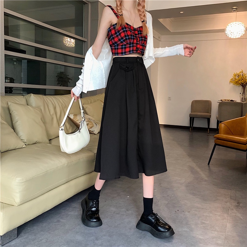 SUXI Chân Váy Chữ A Lưng Cao Màu Trơn Thời Trang Hàn Quốc Cho Nữ