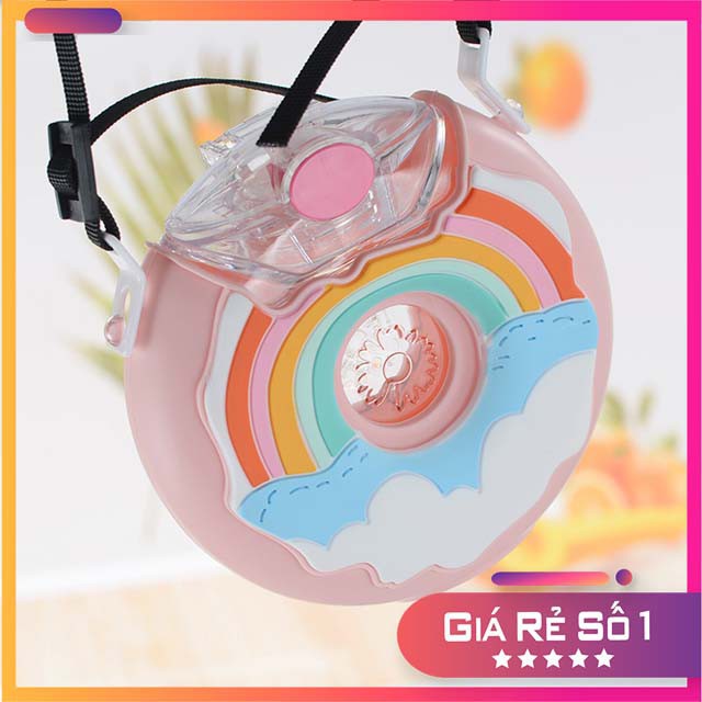 Bình uống nước hình bánh donut dành cho trẻ em 380ml colorfull  - kèm ống hút - có dây đeo cổ xinh xắn 2001