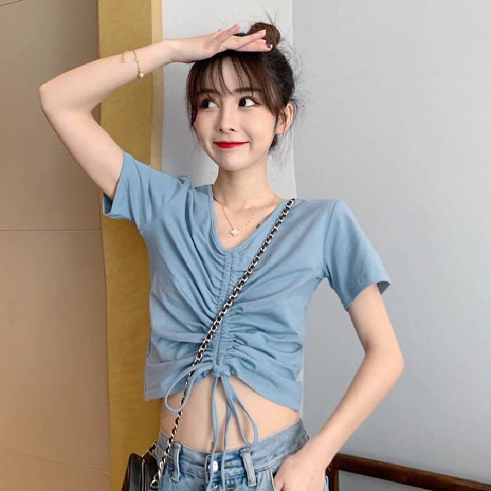 🌼Korean version of the draw rope frustrated design short version of the dress short-sleeved top short-sleeved T-shirt women's slim jacket clothes loose upper