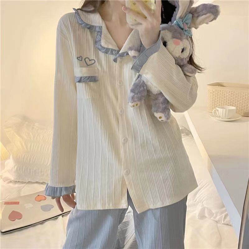 Bộ Đồ Ngủ Tay Dài Cổ Búp Bê In Họa Tiết Trái Tim Dễ Thương Thời Trang Xuân Thu Cho Nữ