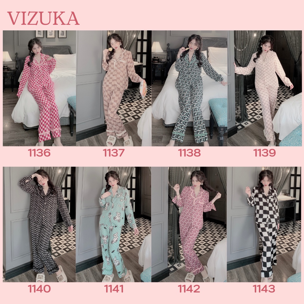 Đồ bộ pijama dài tay nữ lụa mặc nhà hoạ tiết dễ thương VIZUKA