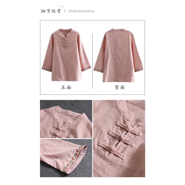 Áo Sơ Mi Ngắn Cổ Đứng Cài Nút Tay Loe Bằng Vải Lanh Cotton Thêu Họa Tiết Cổ Điển Mẫu Mới 2022 Cho Nữ
