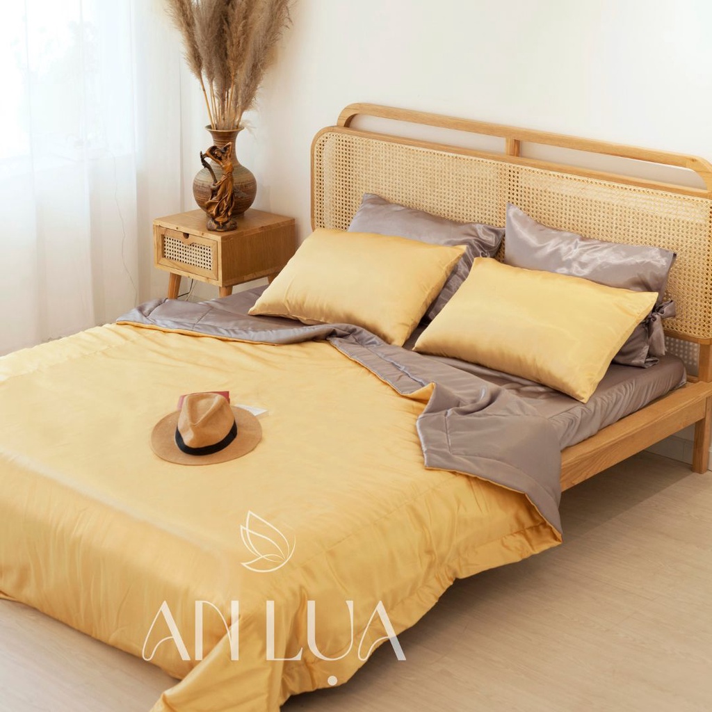 Bộ chăn drap 5 món An Lụa - Vàng + xám tro - vải lụa mịn mát và thân thiện cho da