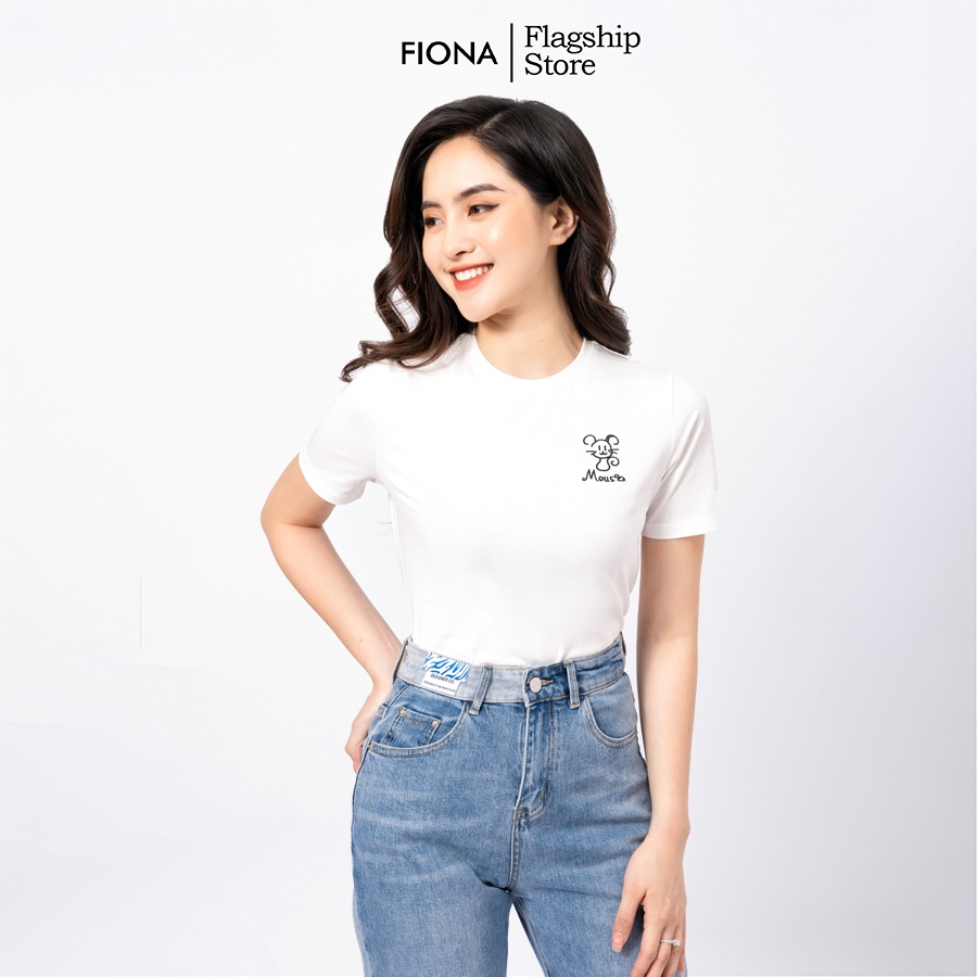 Áo thun nữ tay cộc FIONA, áo phông nữ cao cấp, áo cotton nữ thêu hình chuột trang trí F521192
