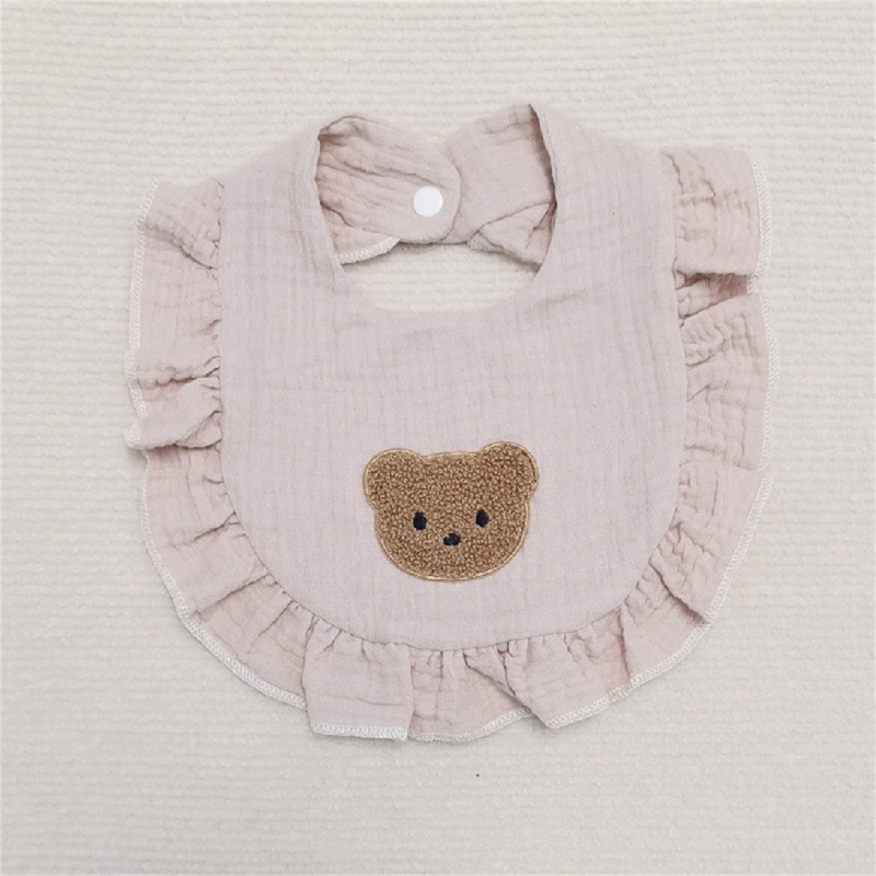 Yếm Cotton Thêu Họa Tiết Gấu Hoạt Hình Viền Bèo Ngọt Ngào Xinh Xắn Cho Bé Sơ Sinh