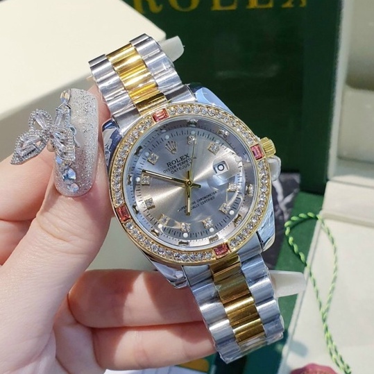 (Đồng hồ đính đá) Đồng hồ nam nữ Rolex viền đá, chạy kim trôi, dây đúc đặc nguyên khối, bảo hành 12 tháng.