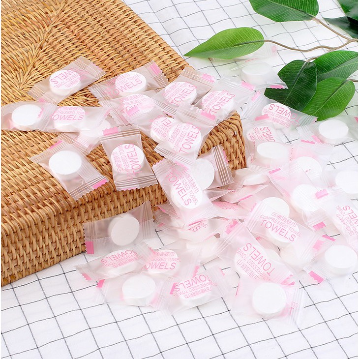 Gói 100 viên khăn giấy nén Towels hình viên kẹo đa năng 100% chất liệu tự nhiên, an toàn - Khăn nén dùng 1 lần mã MFY100