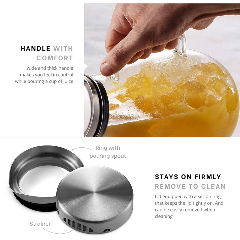 Bình thủy tinh 2500Ml có nắp Bình đựng đồ uống nhẹ đẹp mắt Carafe có tay cầm Tuyệt vời cho đồ uống lạnh và nóng