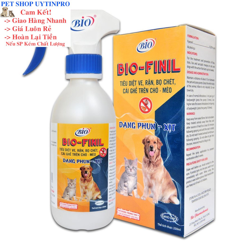 CHAI XỊT DIỆT VE RẬN BỌ CHÉT CHO CHÓ MÈO THÚ CƯNG PET Bio Finil chai 250ml