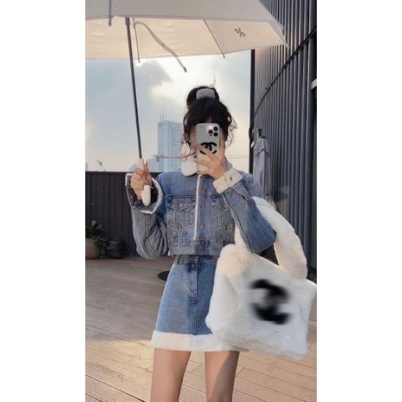 VIDEO-ẢNH THẬT Set Áo Khoác và Chân Váy Jeans Chần Bông