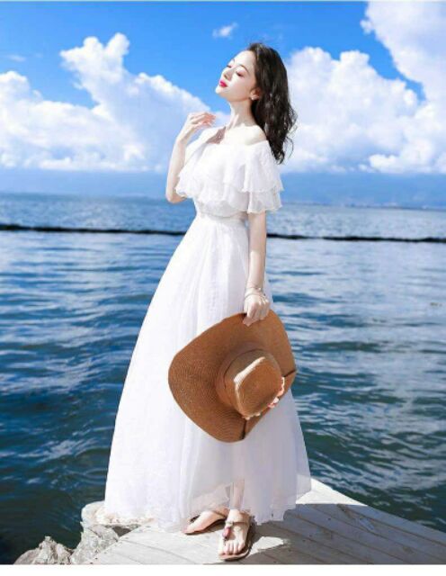 Đầm maxi trắng bèo tầng 360 trắng tinh khôi