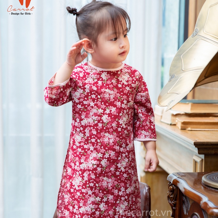 Set Áo Dài Carrot Cho Bé Gái, Hoạ Tiết Hoa Đào Hồng, Nền Đỏ Nổi Bật, Chất Thô Cotton Thoáng Mát, Thấm Hút Mồ Hôi Tốt