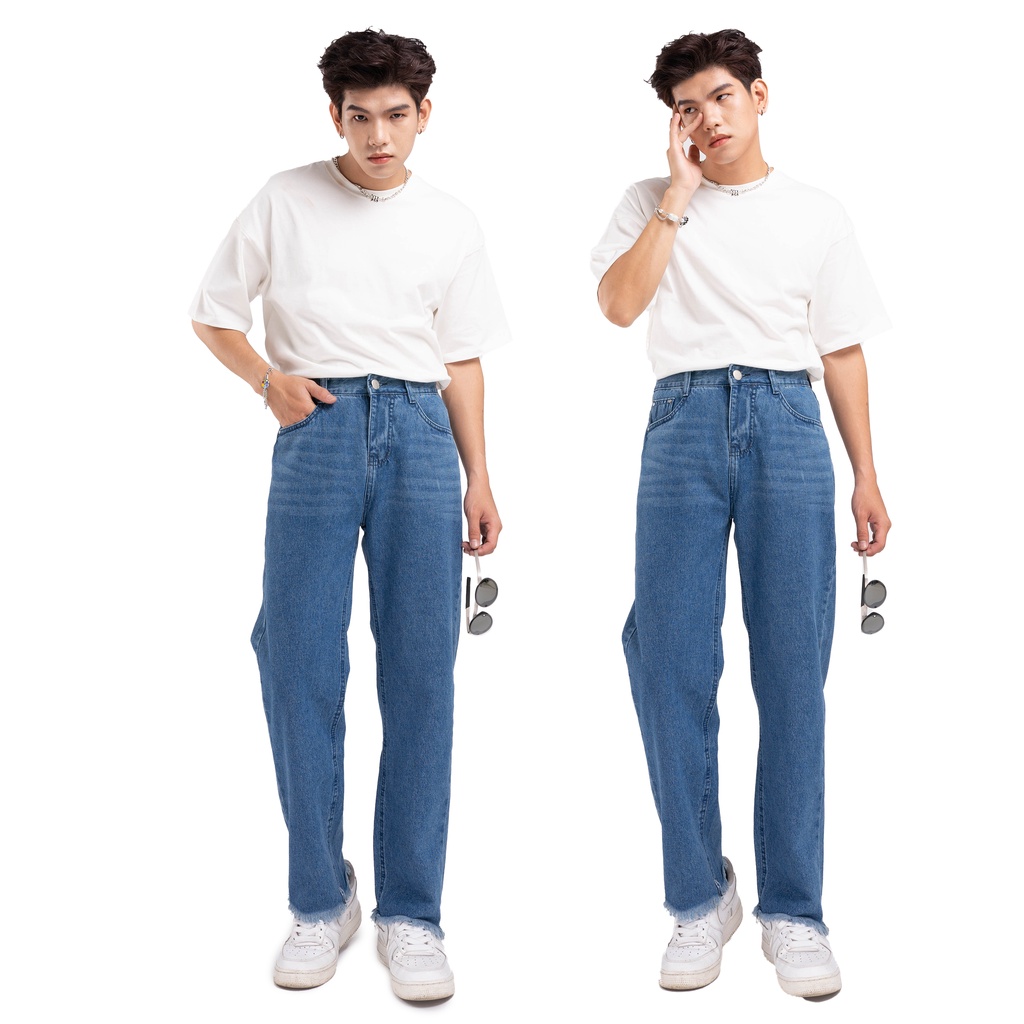 KIẾM LÀ MỐT SNEAKER - quần jeans nam dài ống rộng màu xanh lai tua