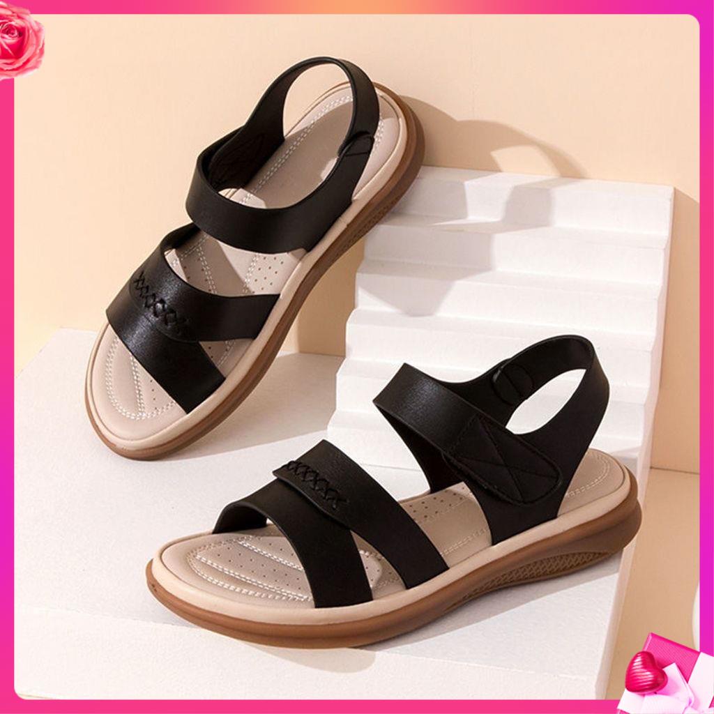 Giày Sandal Da Mềm Đế Bằng Chống Trượt Quai Dán Thời Trang Mùa Hè Cho Phụ Nữ Trung Niên 2022