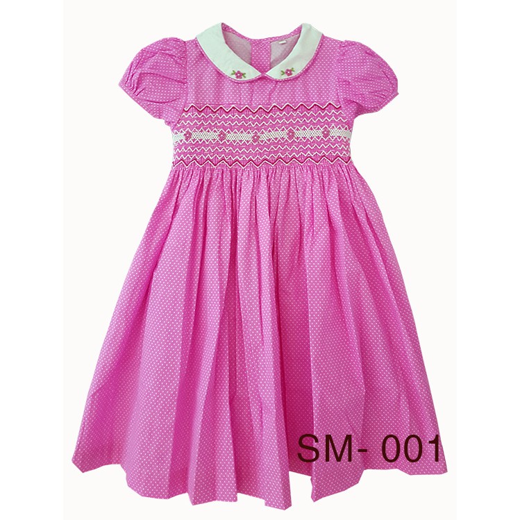 Đầm trẻ em đẹp siêu xinh như công chúa - xích móc thêu tay 'hand smocked dress" Kabota hồng sen chấm bi trắng SM 001