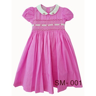 Đầm trẻ em đẹp siêu xinh như công chúa - xích móc thêu tay 'hand smocked dress" Kabota  hồng sen chấm bi trắng SM 001