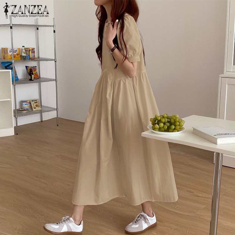 ZANZEA Đầm Dài Màu Trơn Đơn Giản Nữ Tính Dễ Thương | BigBuy360 - bigbuy360.vn