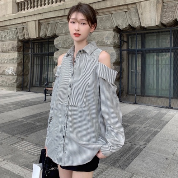 ZHELIHANGFEI Áo Sơ Mi Dài Tay Trễ Vai Họa Tiết Sọc Thời Trang Dành Cho Nữ